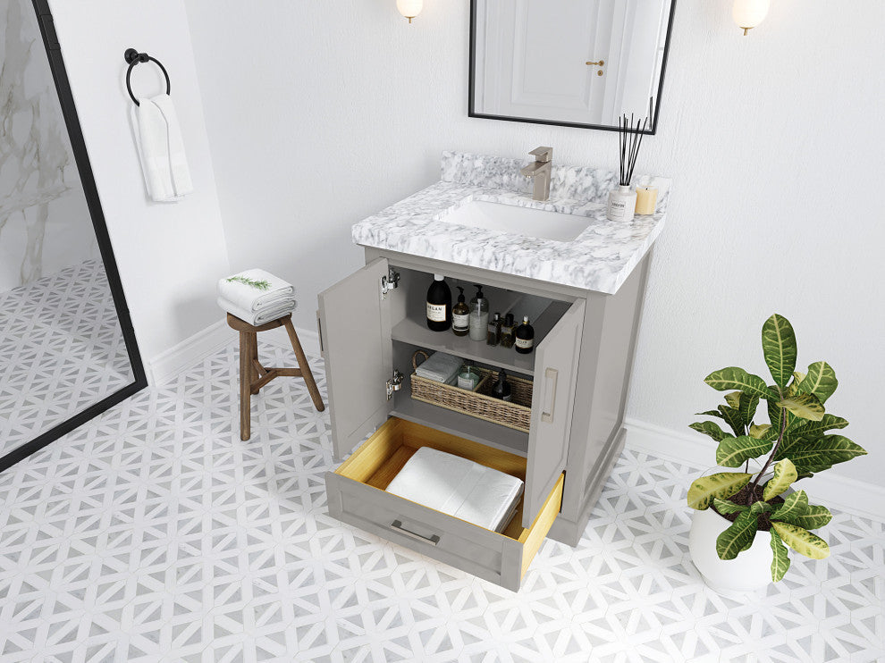 Boston 30 Single Sink Bath Vanity in Elephant Skin Gray 2" Carrara Quartz