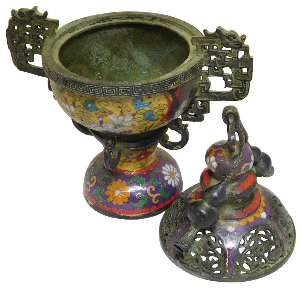 Chinese Metal Yellow Enamel Cloisonne Incense Burner Figure