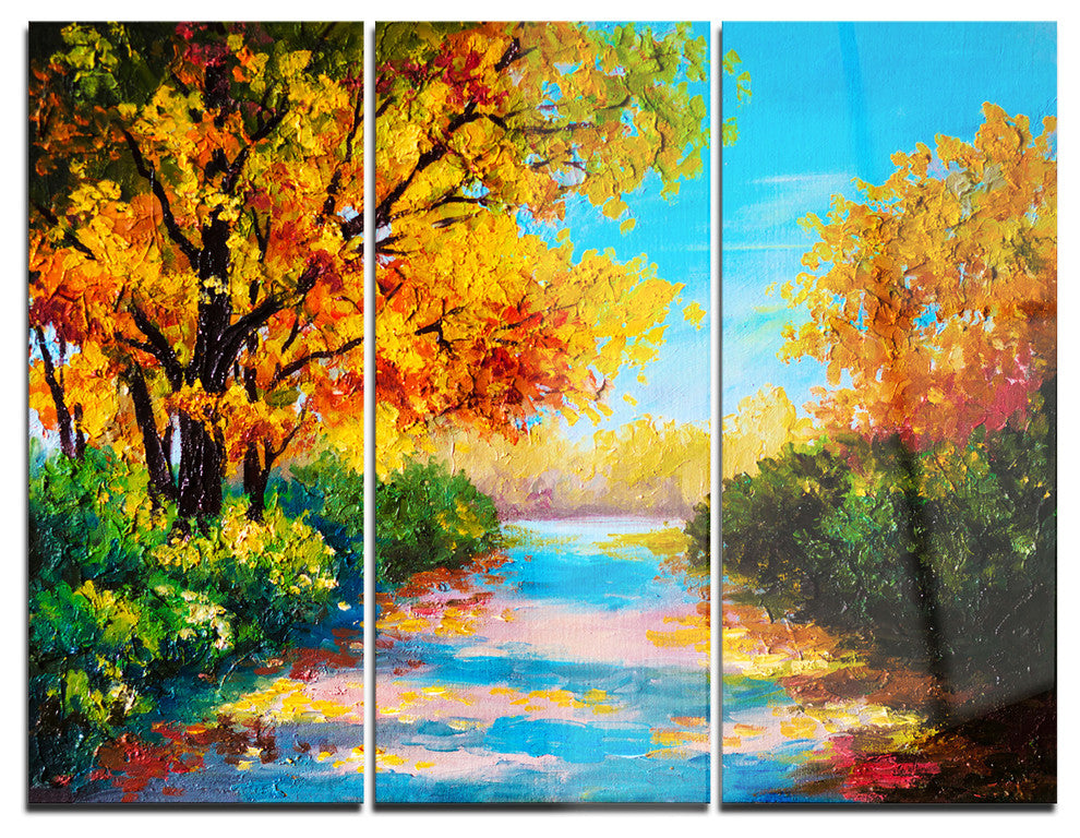 "Autumn Forest With Colorful River" Metal Wall Art, 3 Panels, 36"x28"