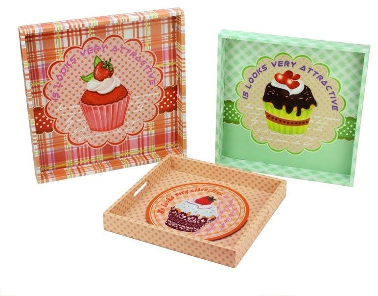 Decorative Cupcake Theme Wooden Trays, Set of 3