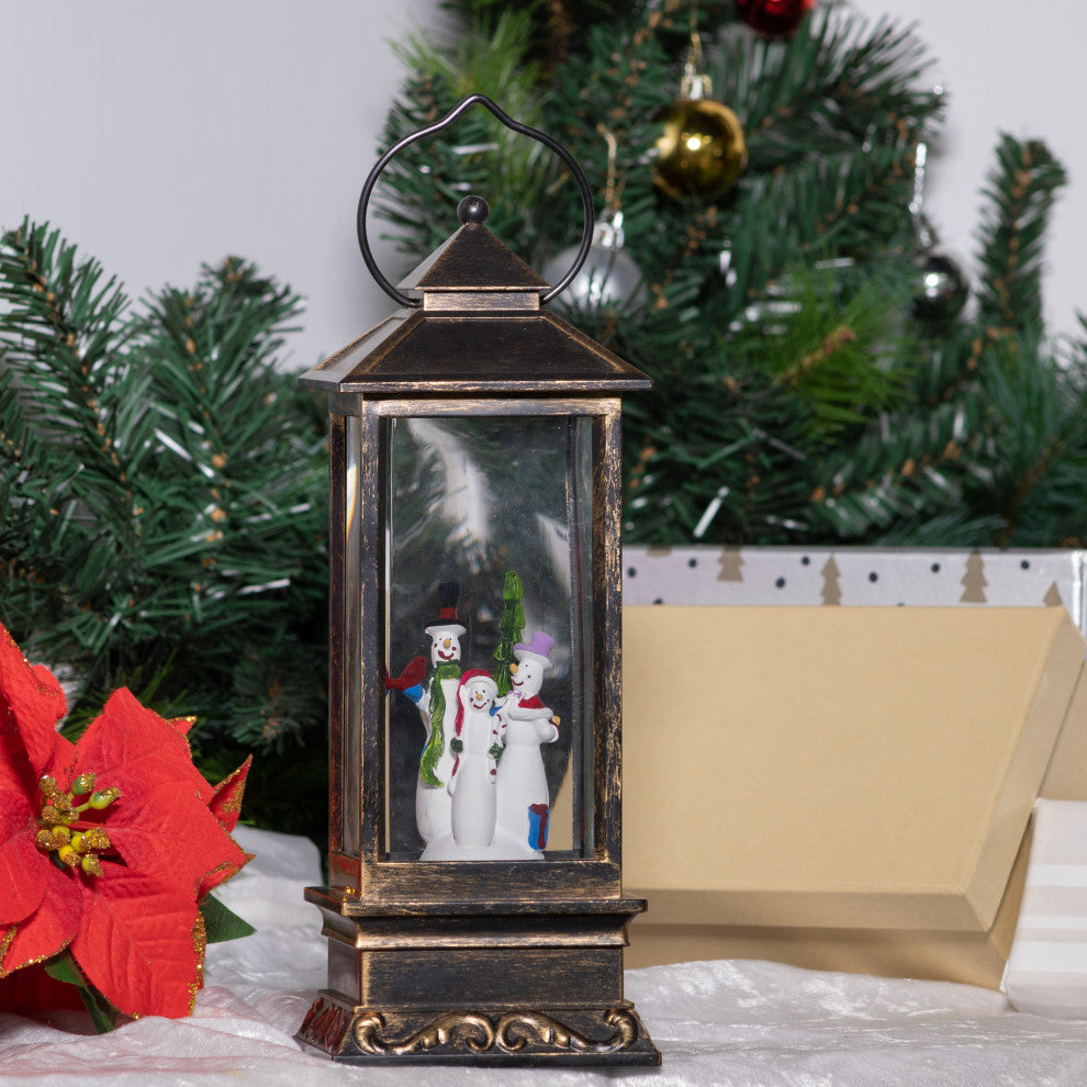 11"H Indoor Lantern Snowman Snow Globe Holiday Decoration with LED Light, Bronze