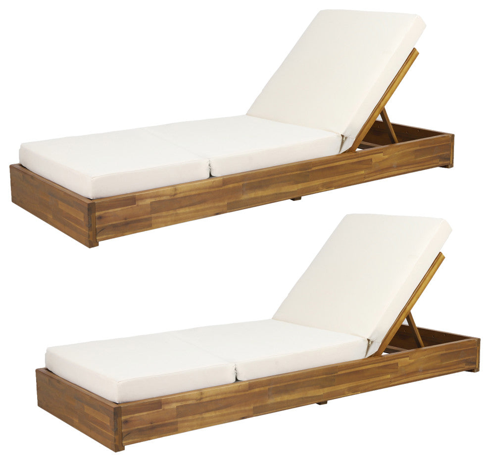 GDF Studio Acacia Wood Chaise Lounge & Foldable Cushion Set, Sandblast Teak/Cream, Set of 2