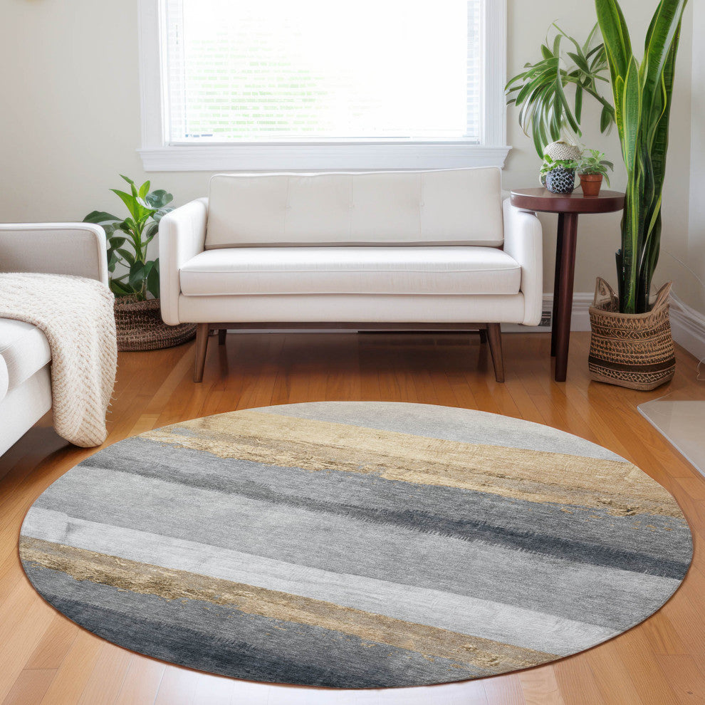 Machine Washable Indoor/Outdoor Chantille ACN1883 Gold 8' x 8' Round Rug