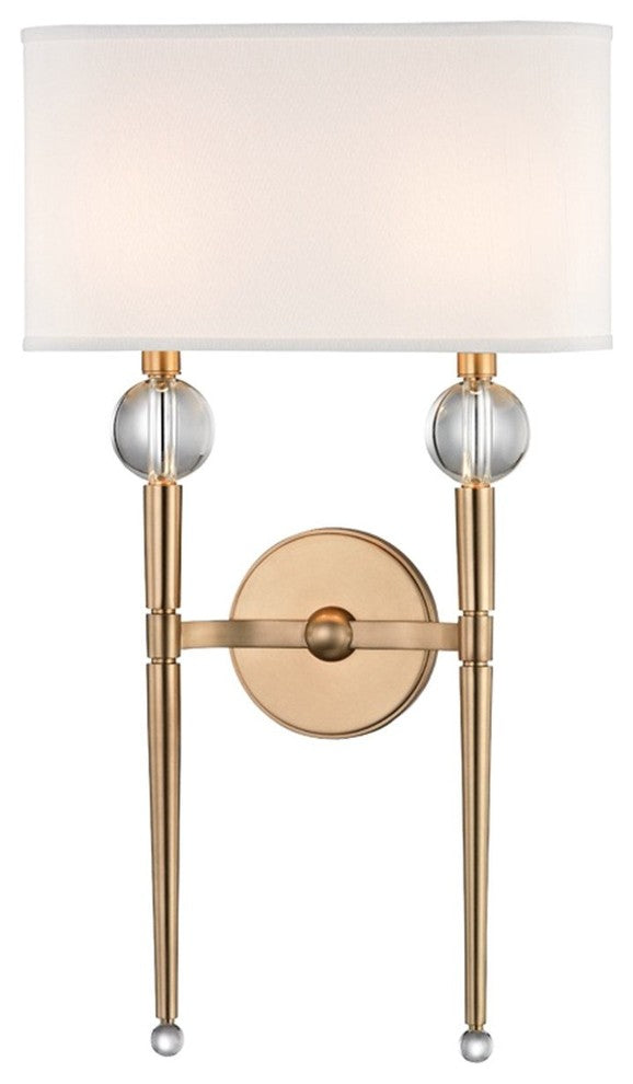 Rockland 2 Light Wall Sconce, Aged Brass Finish, White Faux Silk