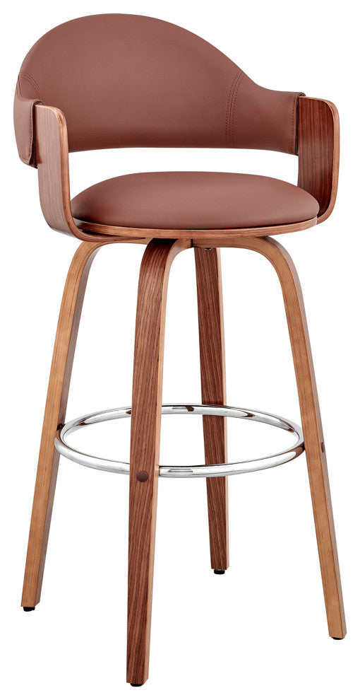 Daxton Faux Leather and Wood Bar Stool, Brown and Walnut, 30"