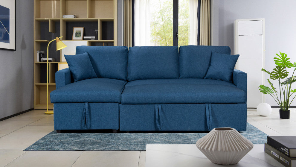 Paisley Linen Reversible Sleeper Sectional Sofa With Storage Chaise, Blue