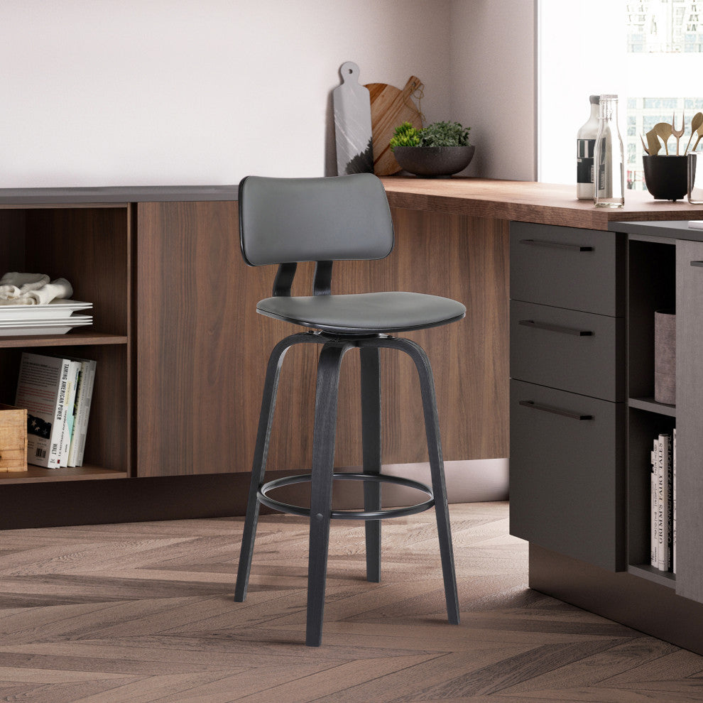 Pico 26" Swivel Black Wood Counter Stool in Gray Faux Leather with Black Metal, 30