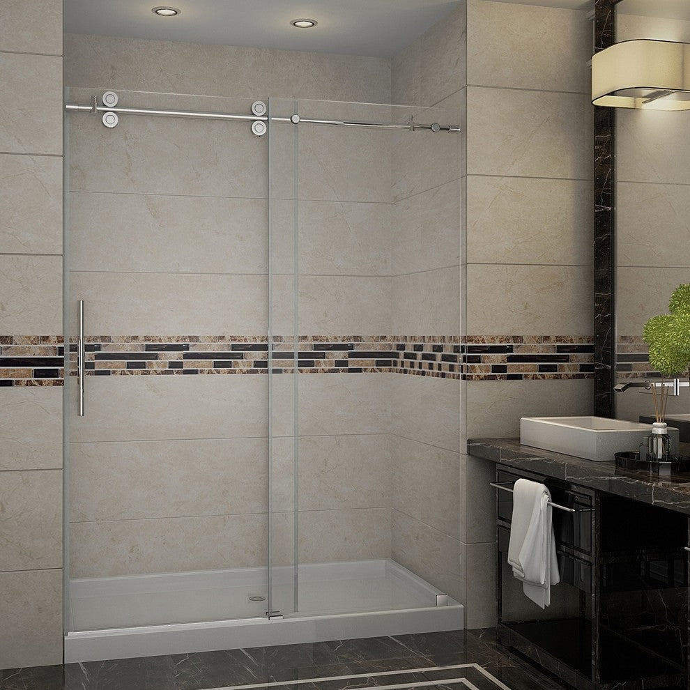 Aston 60"x75" Completely Frameless Sliding Shower Door, Base,Chrome, Center