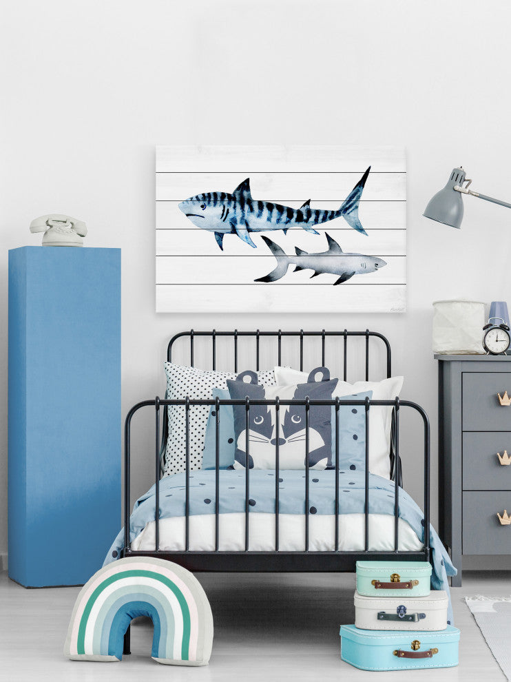 "Sharks Duo" Painting Print on White Wood, 18x12
