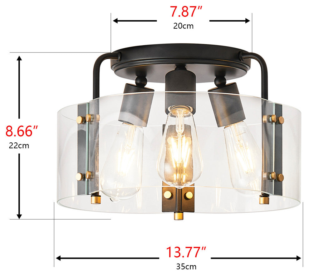 Modern 3-Light Black Semi Flush Mount Ceiling Light with Glass Shade