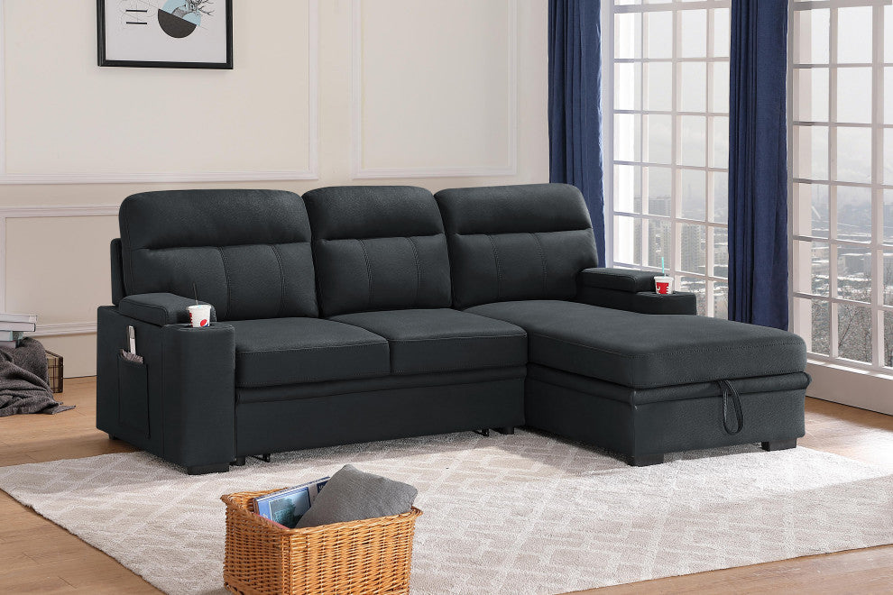 Kaden Fabric Sleeper Sectional Sofa, Black