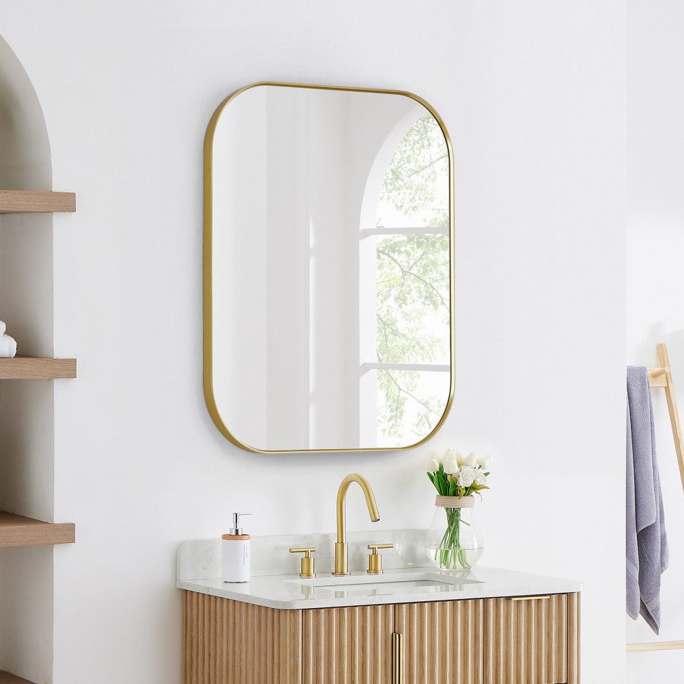 Trielle Rectangular Framed Bathroom Wall Mirror, Brushed Gold, 36"