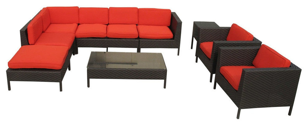 Modern Urban Outdoor Patio Rattan and Wicker Jolla 9-Piece SetSectional Set Red