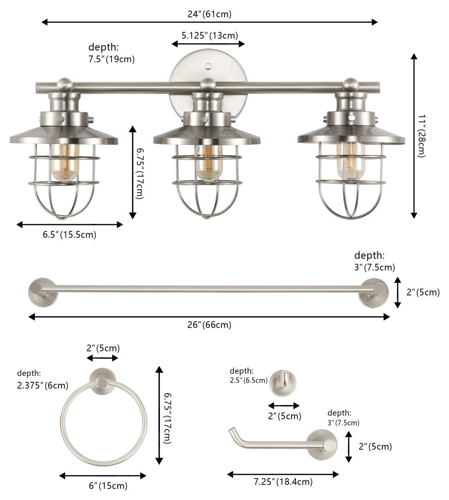 3-Light Industrial Vanity Light With Bathroom Hardware Accessory Set, 5-Piece