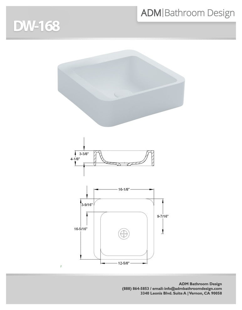 ADM Square Countertop Sink, White, 16", Glossy White