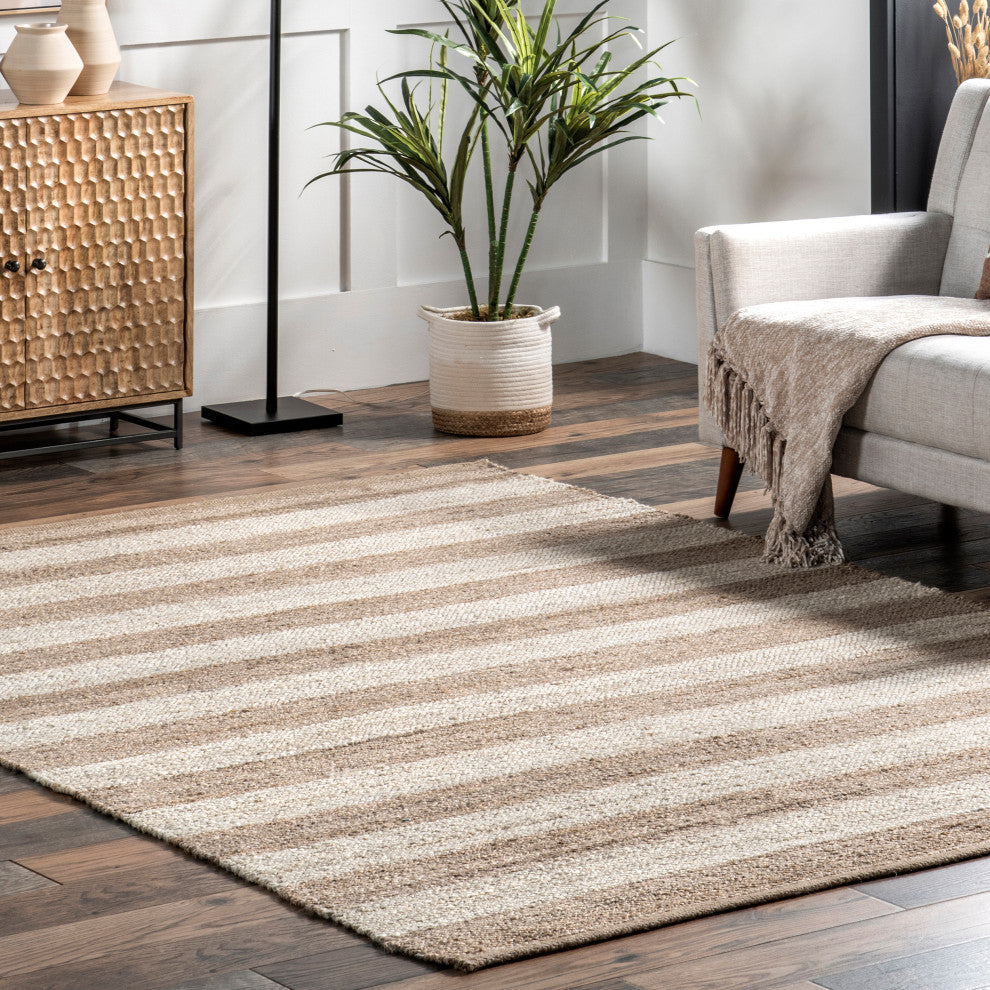 Nuloom Jute and Denim Even Stripes Area Rug, Off White 7'6"x9'6"