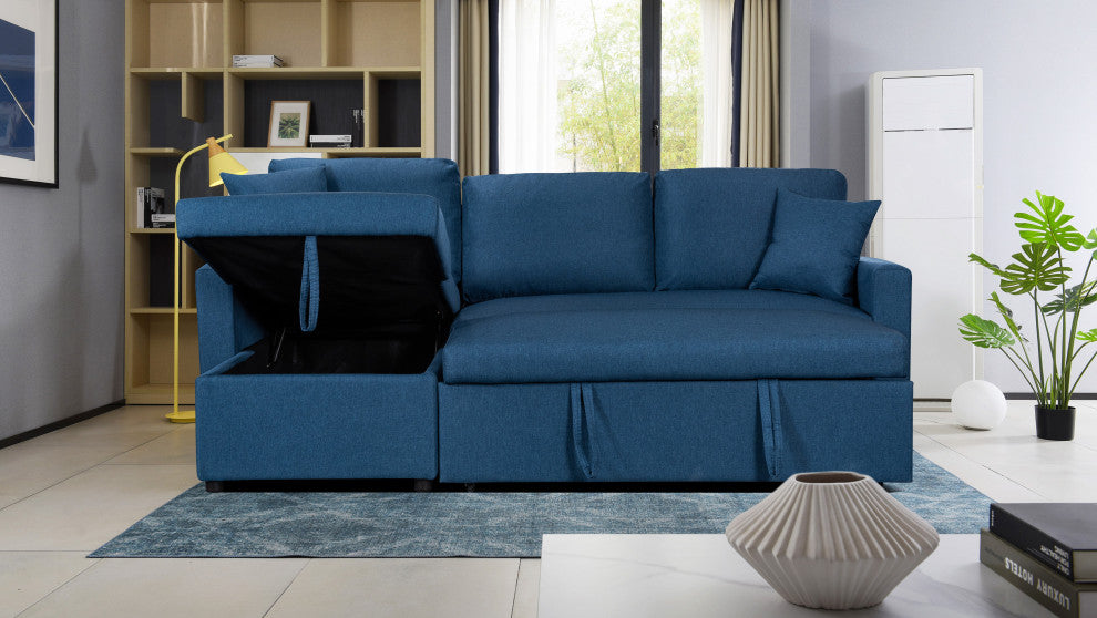 Paisley Linen Reversible Sleeper Sectional Sofa With Storage Chaise, Blue