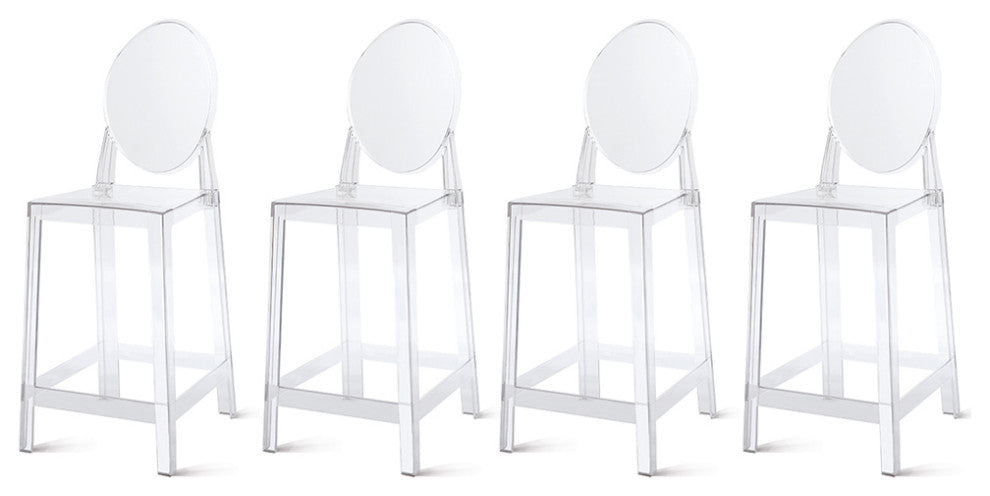 Designer Counter Height Stool With Solid High Back Side Chair Footrest, Clear, Set of 4