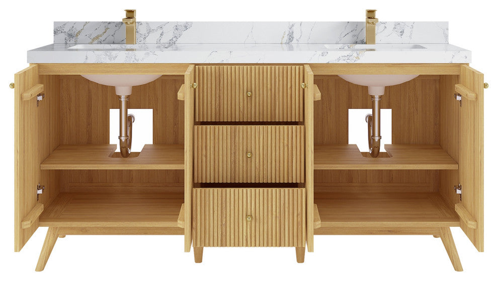Pasadena 72" Double Sink Bath Vanity, Light Natural Teak 2" Calacatta Poanazzo