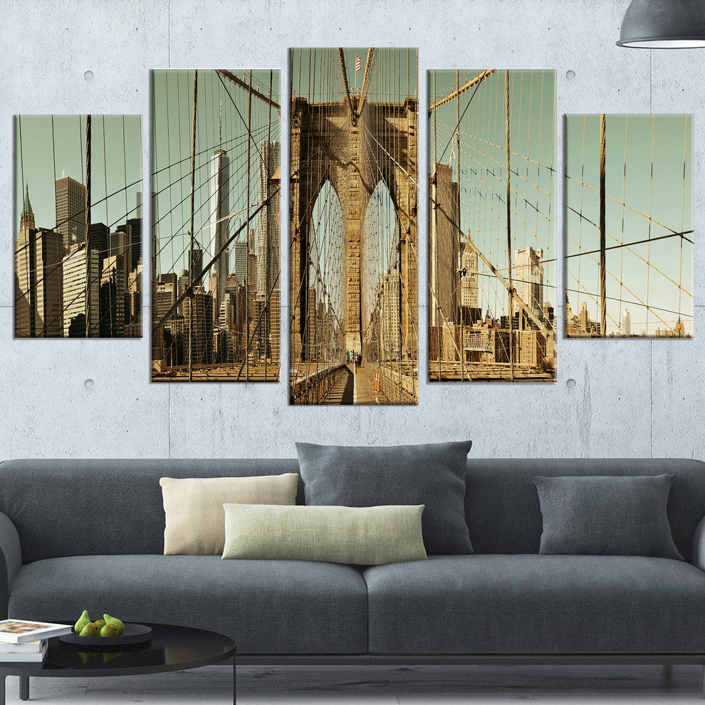"Manhattan Bridge in New York Brown" Canvas Print60"x32", 5-Panels