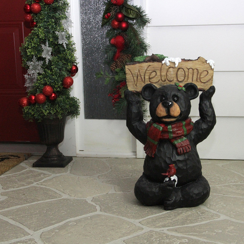 18" Woodland Black Bear With Striped Scarf and "Welcome" Sign Decoration