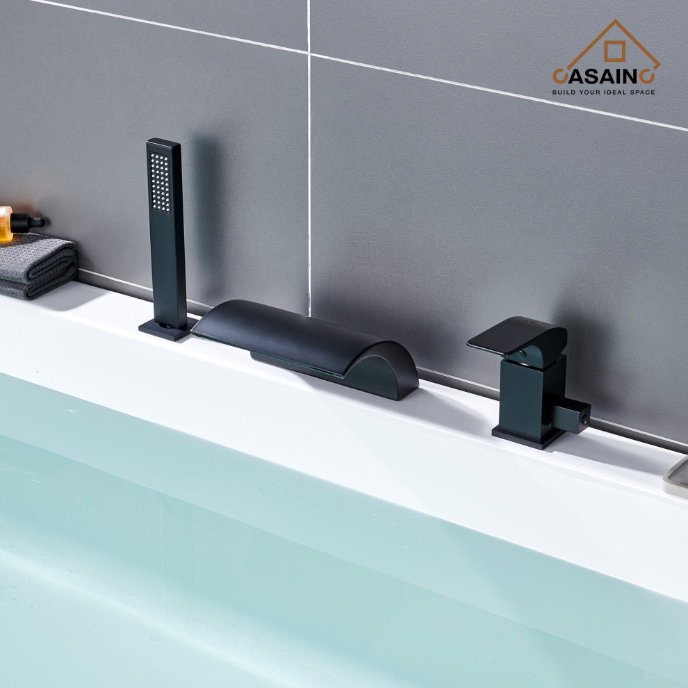 CASAINC Roman Tub Luxury Waterfall Faucet Set Spout w Hand Shower, Matte Black