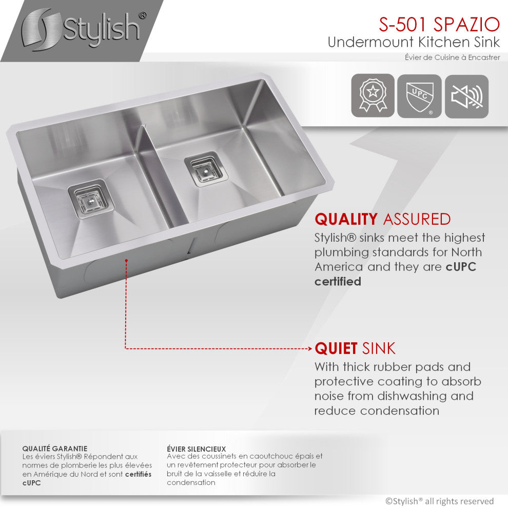 33"x18" Stainless Steel Double Basin Undermount Kitchen Sink