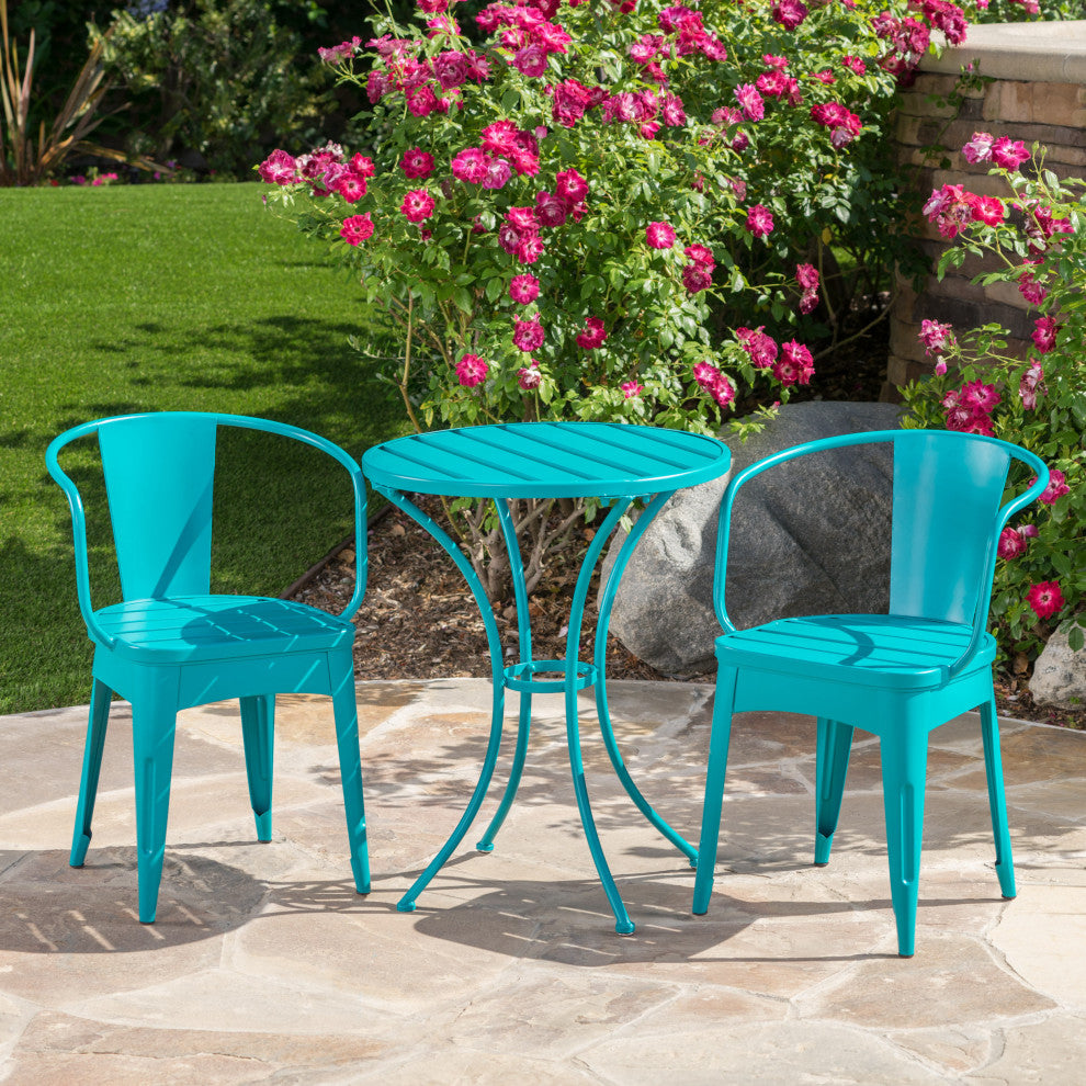 GDF Studio 3-Piece Collins Outdoor Matte Green Iron Bistro Set, Matte Teal