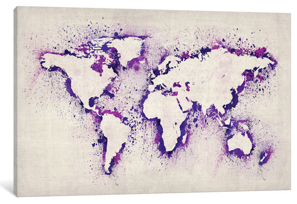 "Map Of The World, Purple Paint Splashes" Wrapped Canvas Print, 26x18x1.5
