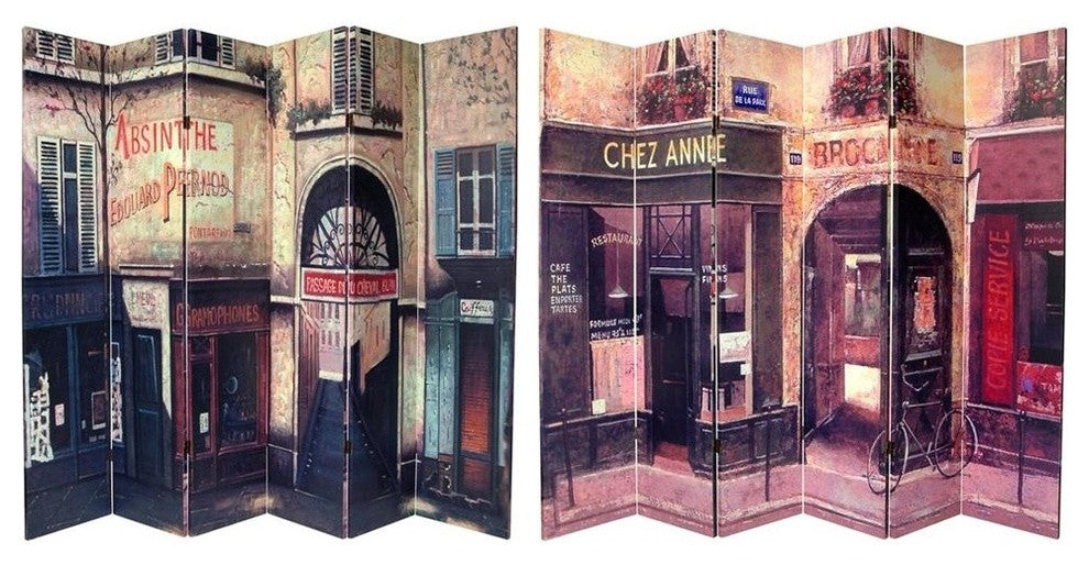 6' Tall Double Sided French Cafe Canvas Room Divider 6 Panel