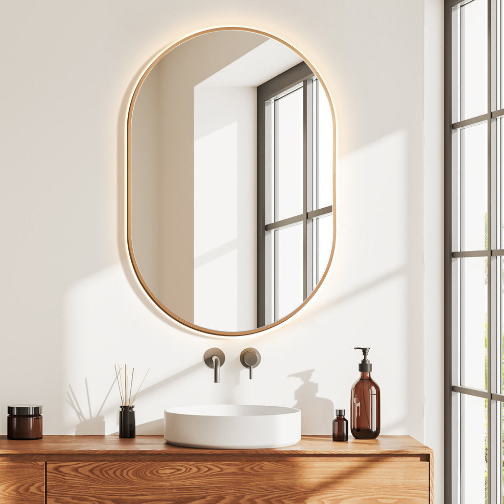 Mizani Oval Framed Bathroom/Vanity LED Lighted Wall Mirror, Brushed Copper, 24"