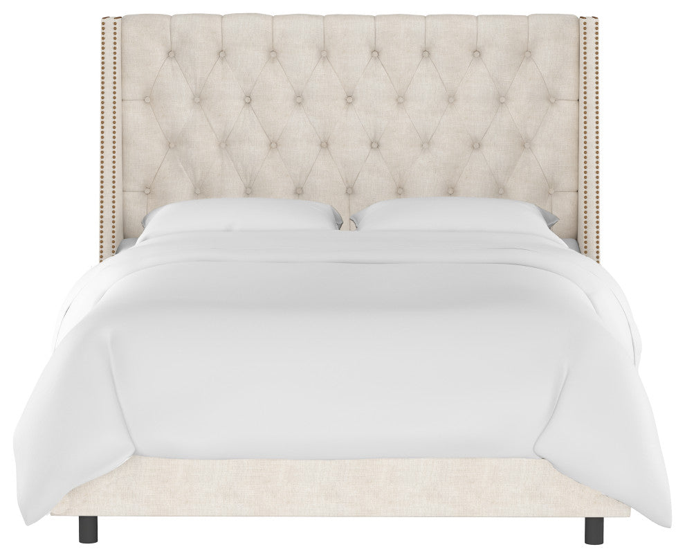 Williams Full Nail Button Wingback Bed, Linen Talc
