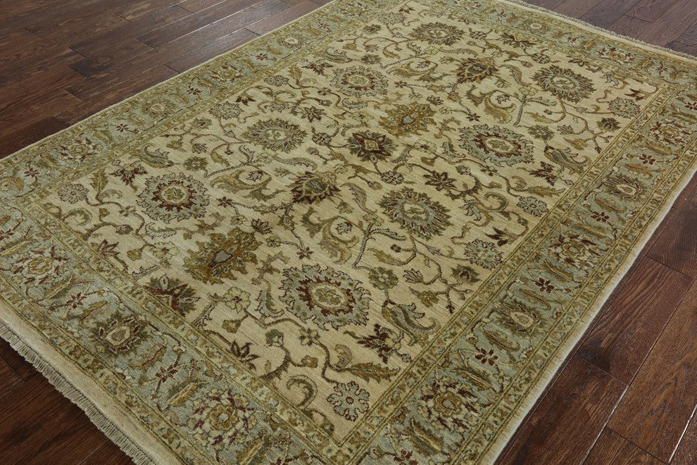 Peshawari Chobi Ivory Floral Oushak Style Hand-Knotted Wool Rug, 6'x8'