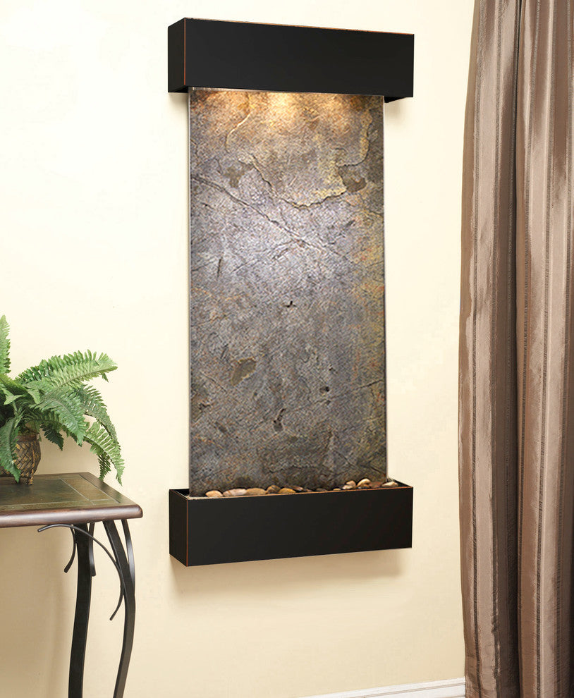 Cascade Springs Water Fountain, Green Featherstone, Blackened Copper, Square