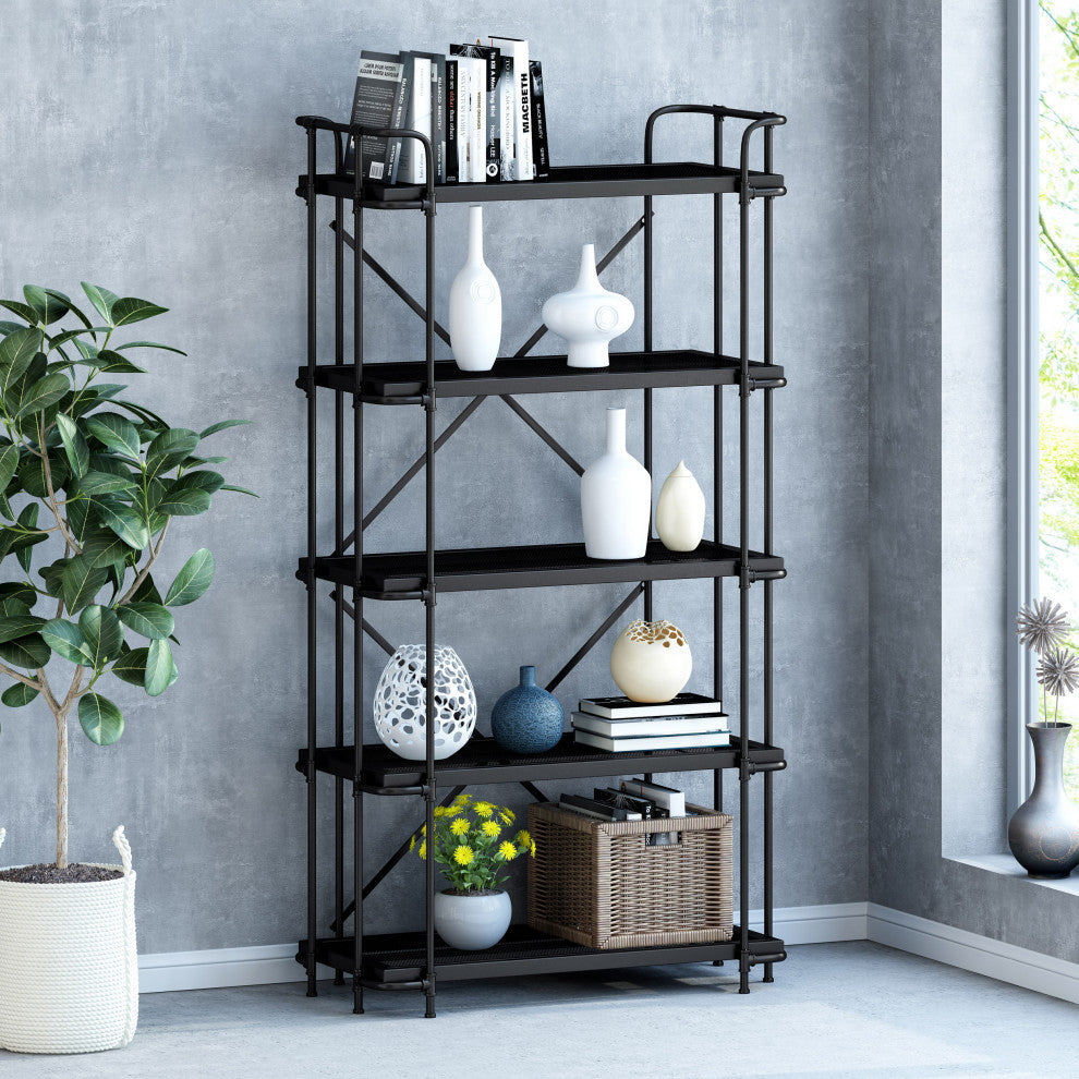 Dwayne Industrial 5 Shelf Iron Mesh Bookcase