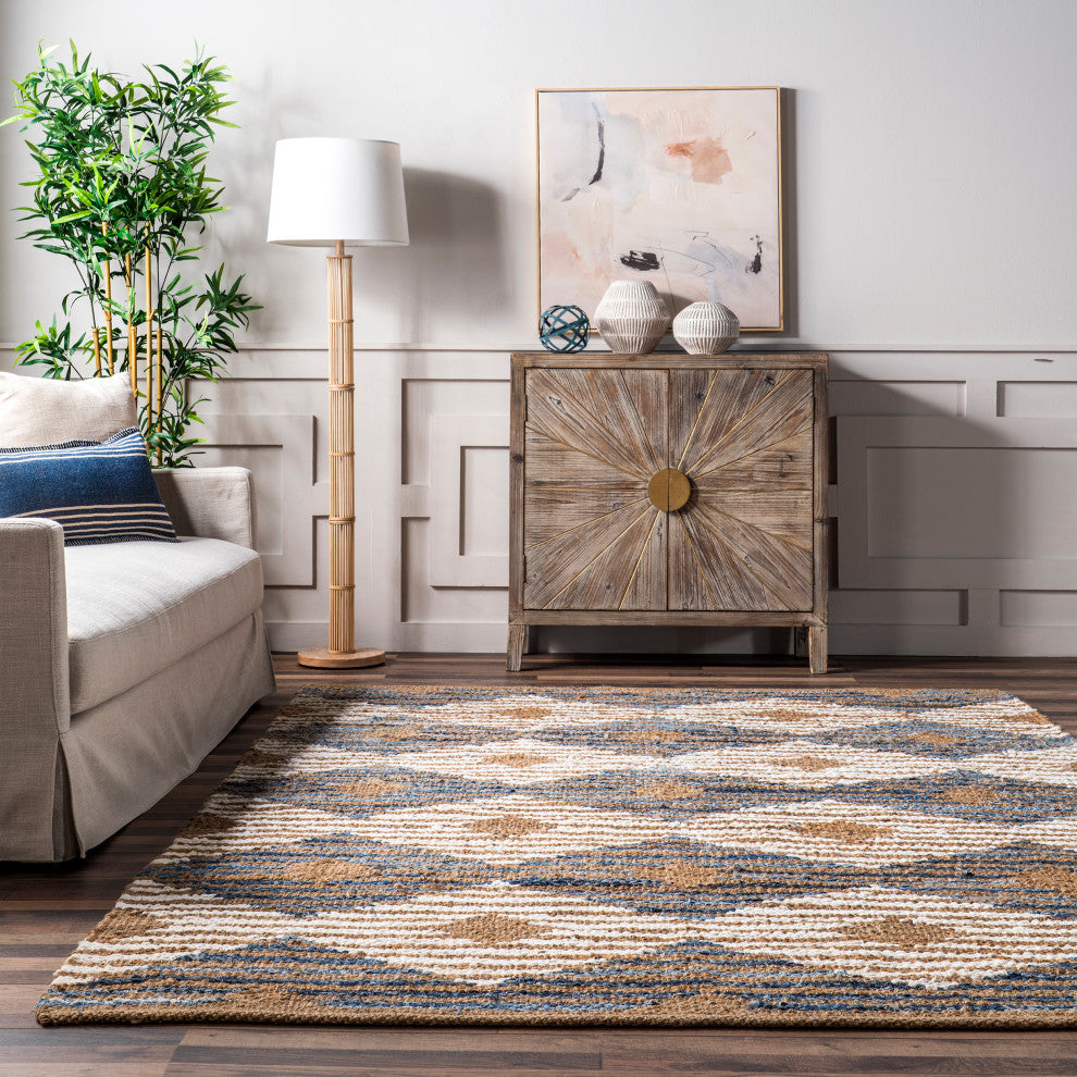 Nuloom Hand Braided Denim and Jute Striped Diamonds Area Rug, Off White 4'x6'