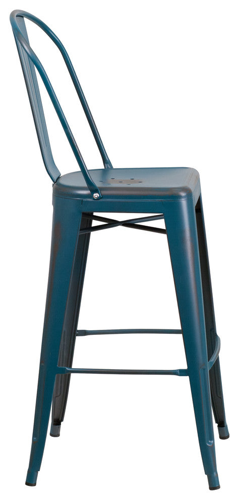 30" High Distressed Kelly Blue-Teal Metal Indoor-Outdoor Barstool With Back