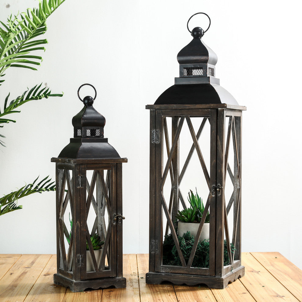 Farmhouse Wood Metal Lanterns Set of 2, Black