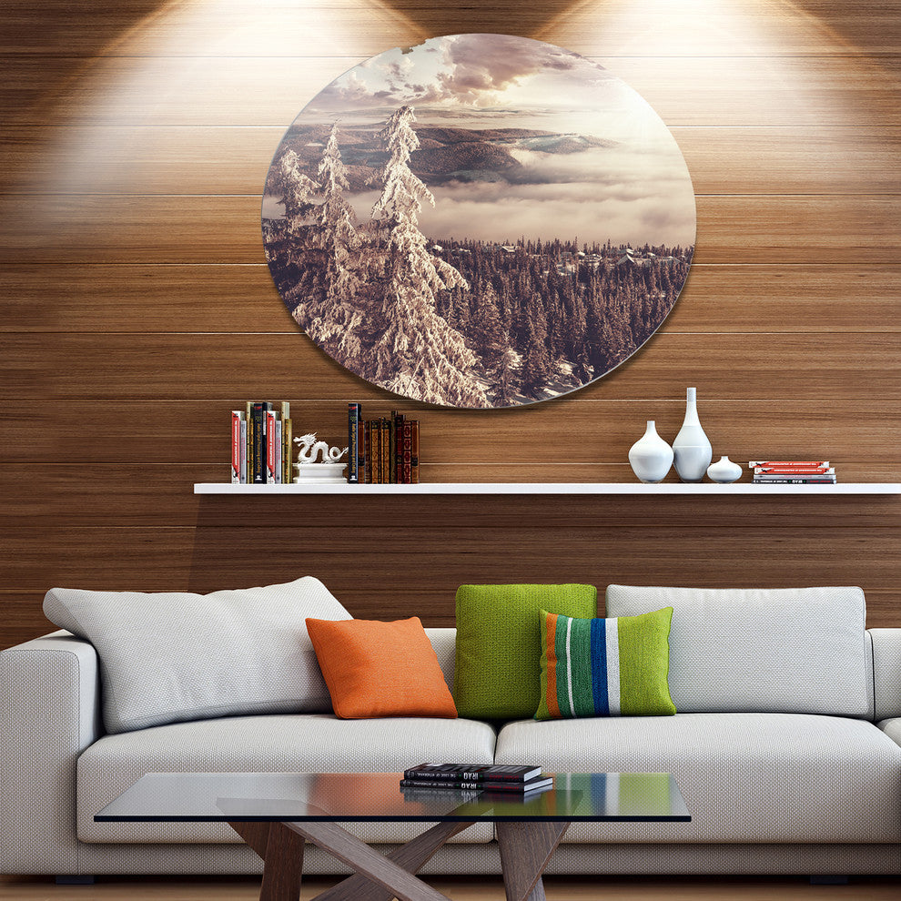 Dark Winter Scene At Sunset, Landscape Disc Metal Artwork, 36"