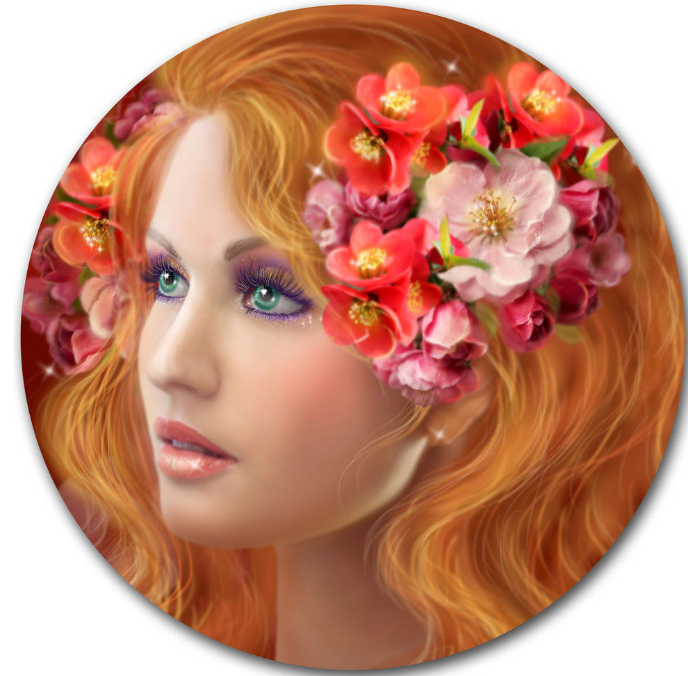 Woman With Autumn Flowers, Portrait Digital Art Disc Metal Artwork, 38"