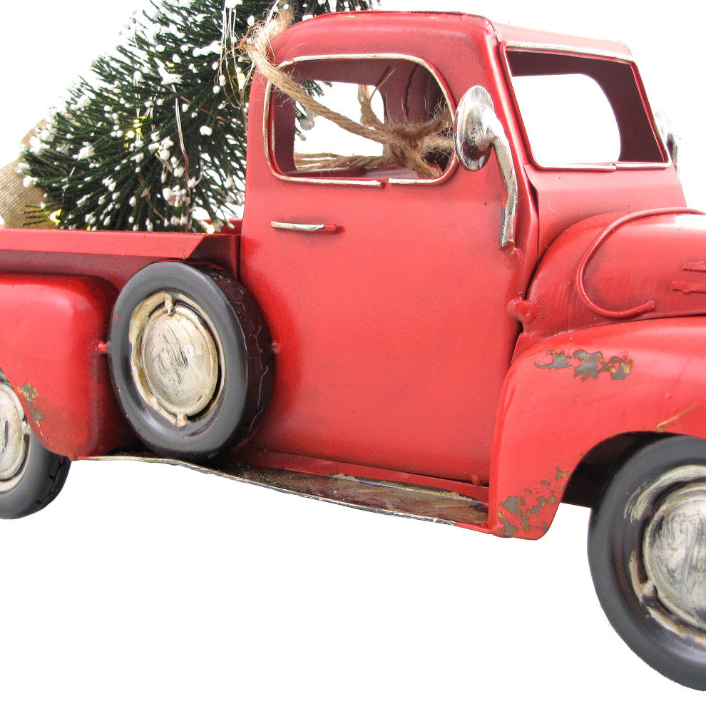 16" Distressed Red Pickup Truck With Christmas Tree
