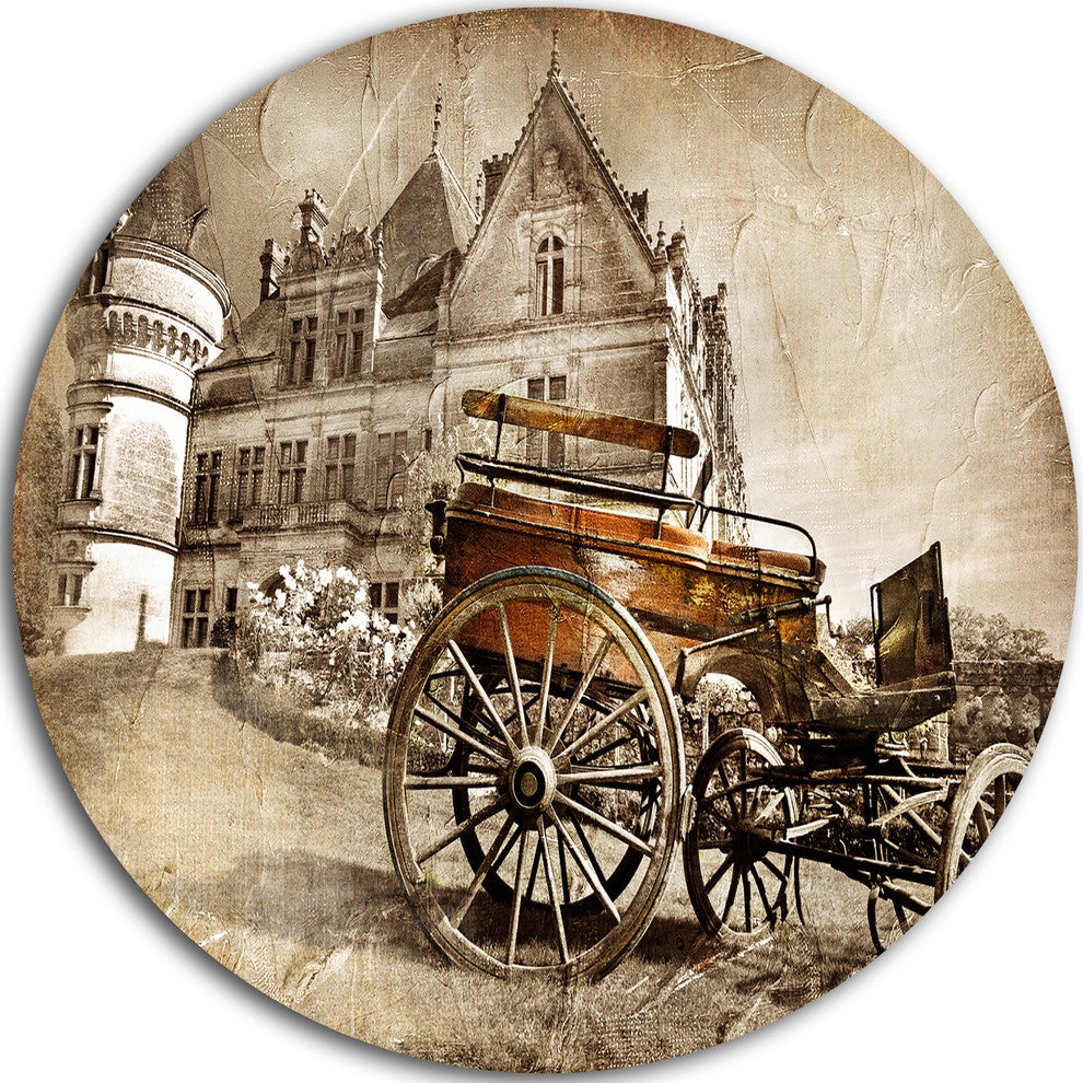 Medieval Castle With Carriage, Contemporary Disc Metal Artwork, 11"