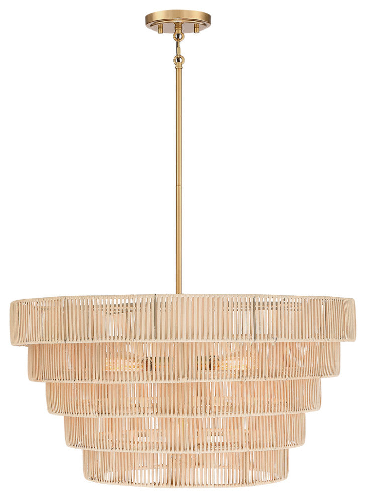 26" W 5-Light Brass Modern Bohemian Chandelier With Tiered Rattan Shade