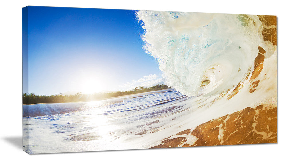 "Crashing Sandy Ocean Waves" Modern Beach Canvas Art Print, 40"x20"