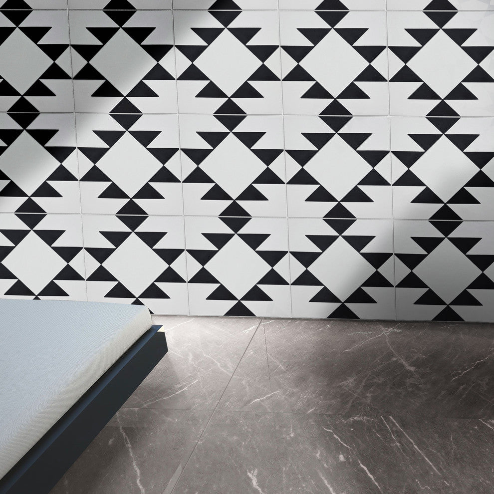 8"x8" Rissani Handmade Cement Tile, White/Black, Set of 12