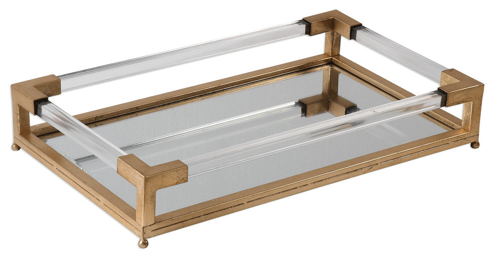 Midcentury Gold Mirrored Decorative Tray, Open Tube Geometric Clear