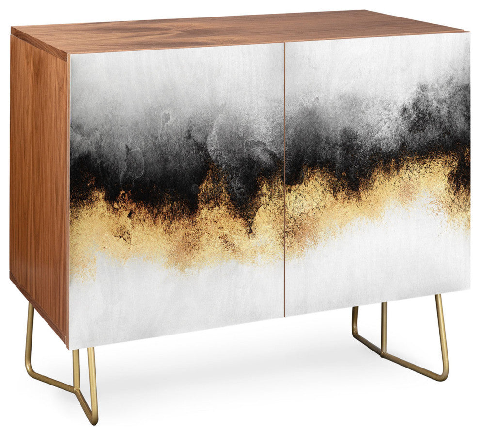 Deny Designs Black and Gold Sky Credenza, Walnut, Gold Steel Legs