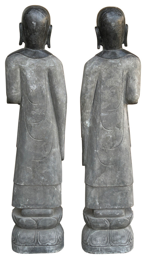Pair Black Gray Stone Carved Standing Monk Arhat Lohan Statues Hws4335P