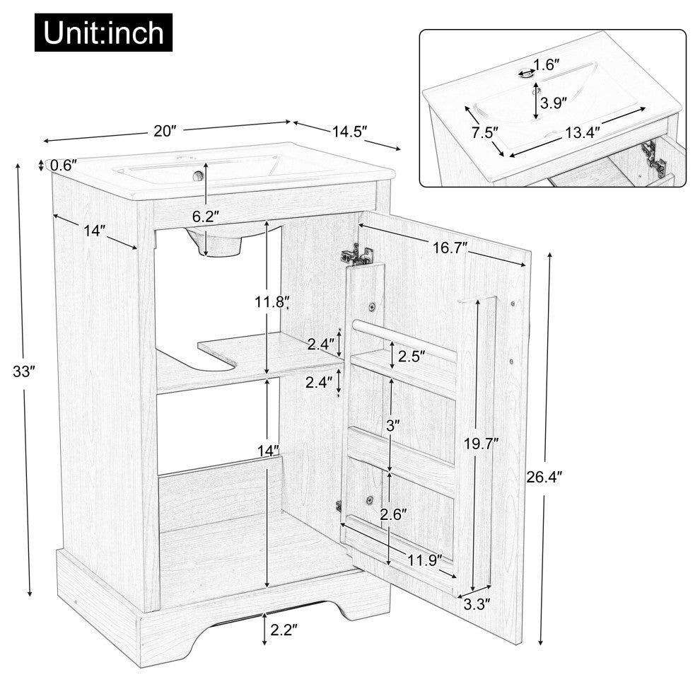 GDF Studio 20"W Storage Bathroom Vanity With Ceramic Sink, Natural