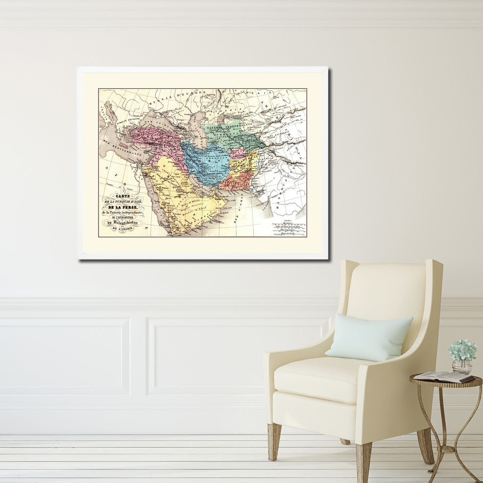 Persia, Arabia, Iraq, Iran Old Map Print On Canvas With Picture Frame 28" X 37"